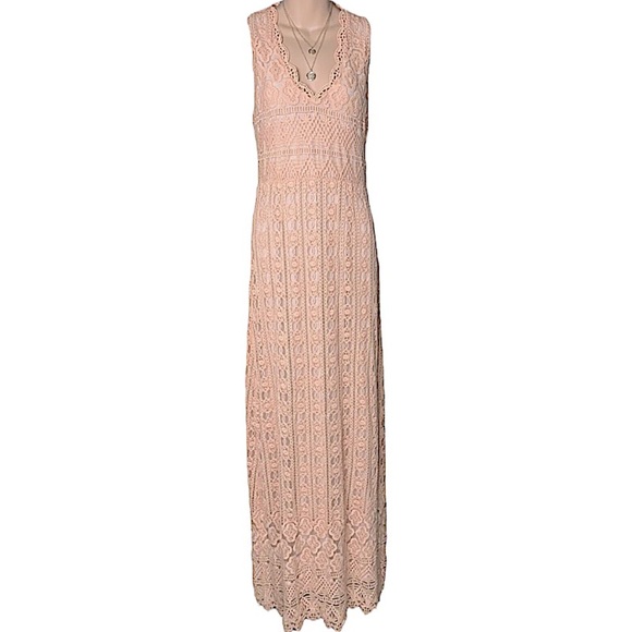 $298 Anthropologie Corina Laced Maxi Gown Medium Peach Lace Overlay Formal Dress - Picture 8 of 16